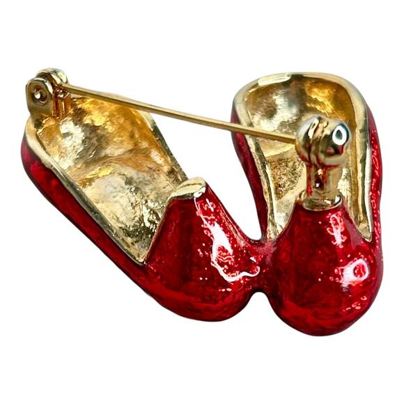 Enamel Ruby Red Slippers Rhinestone Gold Tone Brooch Pin - Picture 4 of 7